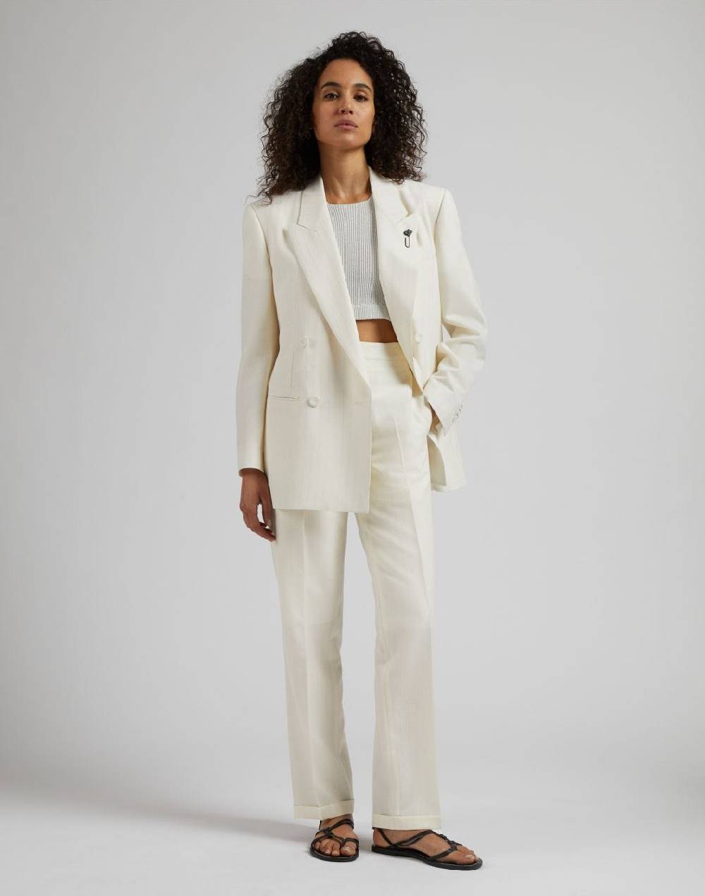 Lardini Pantalone in tela di lana gessata lurex bianco-argento Prezzo Ridotto