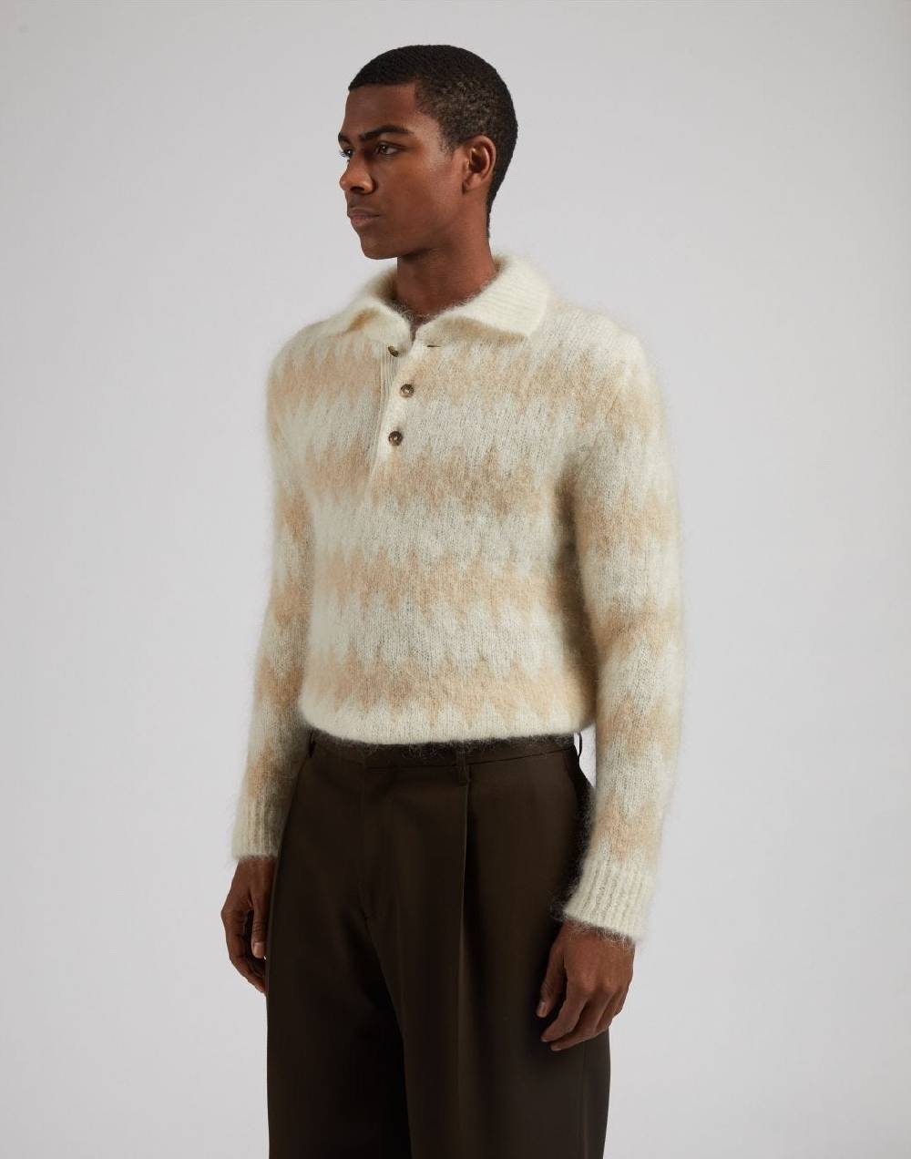 Lardini Polo bicolore a manica lunga in kid mohair bianco-beige Outlet