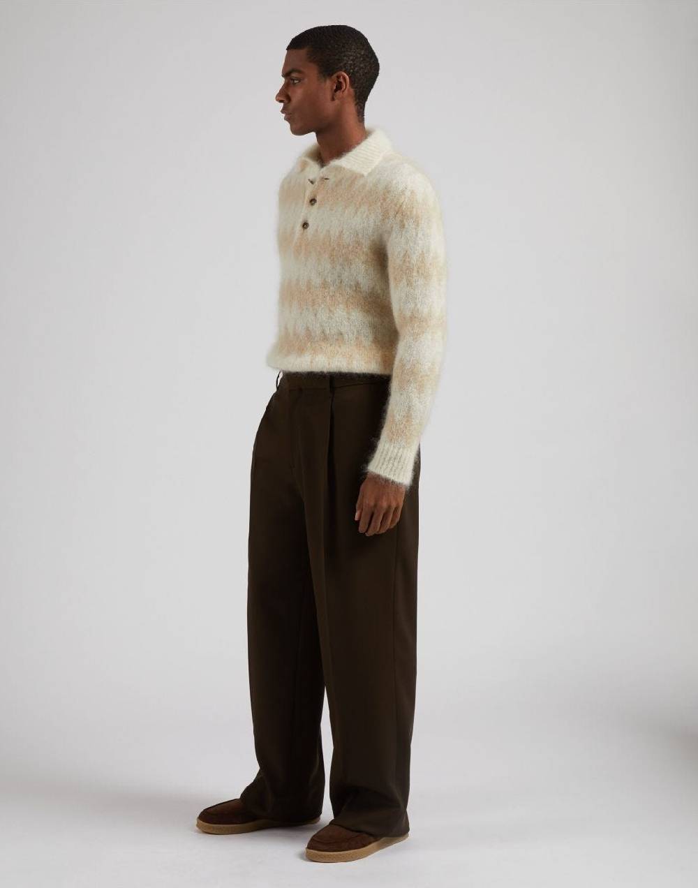 Lardini Polo bicolore a manica lunga in kid mohair bianco-beige Outlet