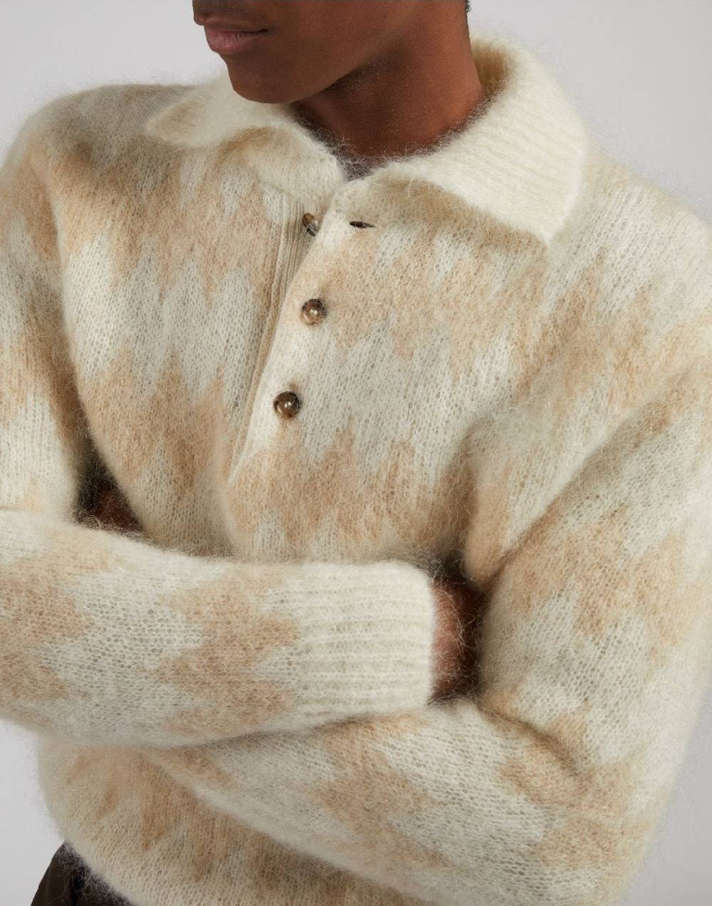 Lardini Polo bicolore a manica lunga in kid mohair bianco-beige Outlet