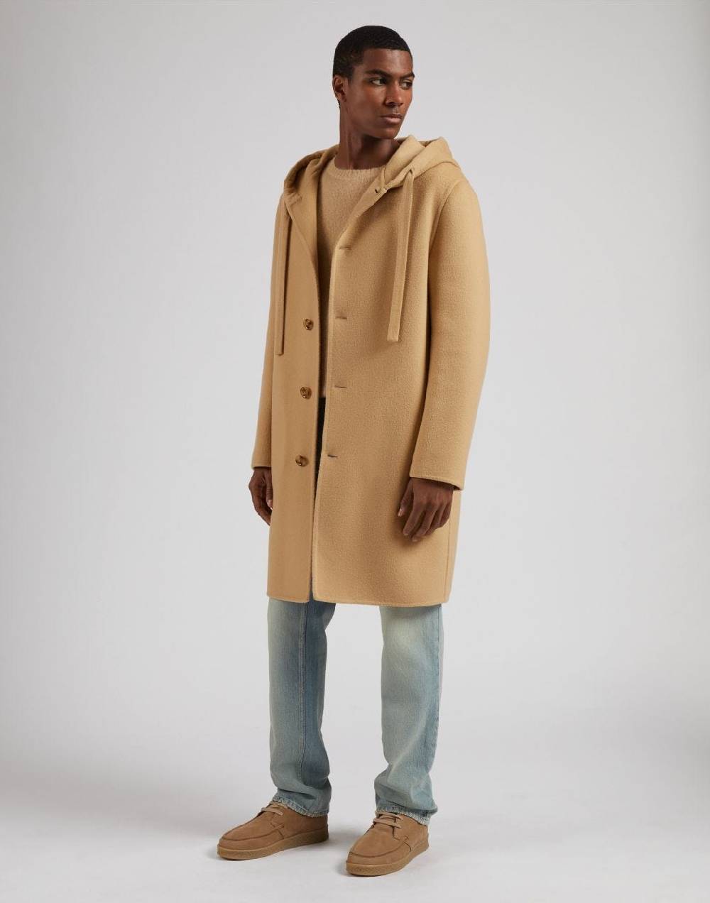 Lardini Cappotto monopetto beige in lana con cappuccio e coulisse Vendita Calda