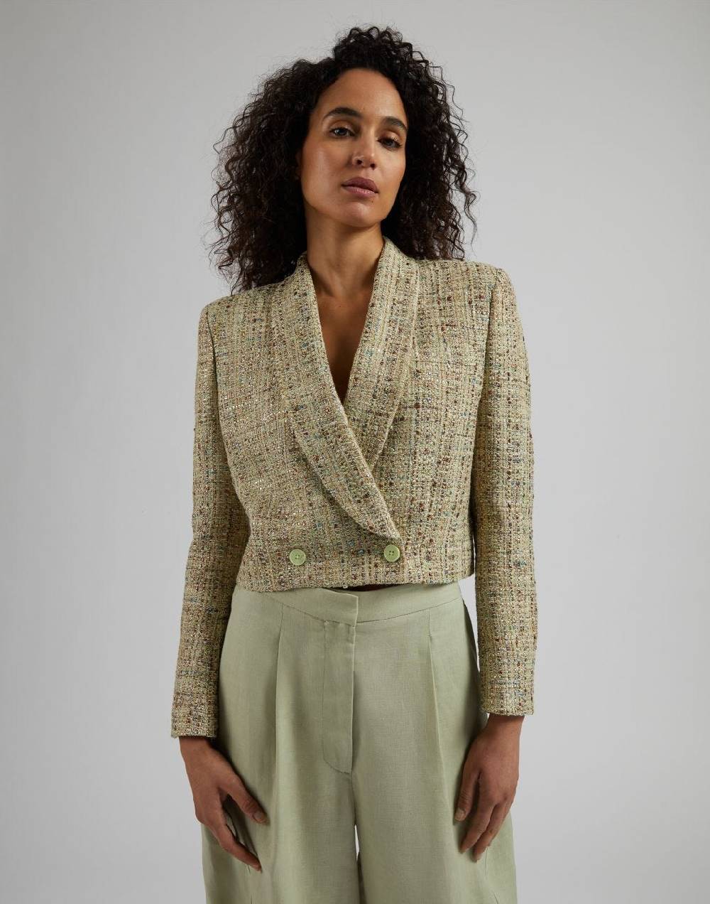 Lardini Giacca corta in tweed di cotone verde intrecciato lurex Sottocosto