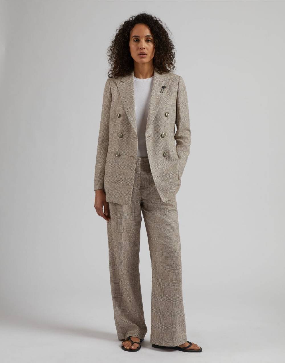 Lardini Pantalone in lino marrone con disegno galles Presa