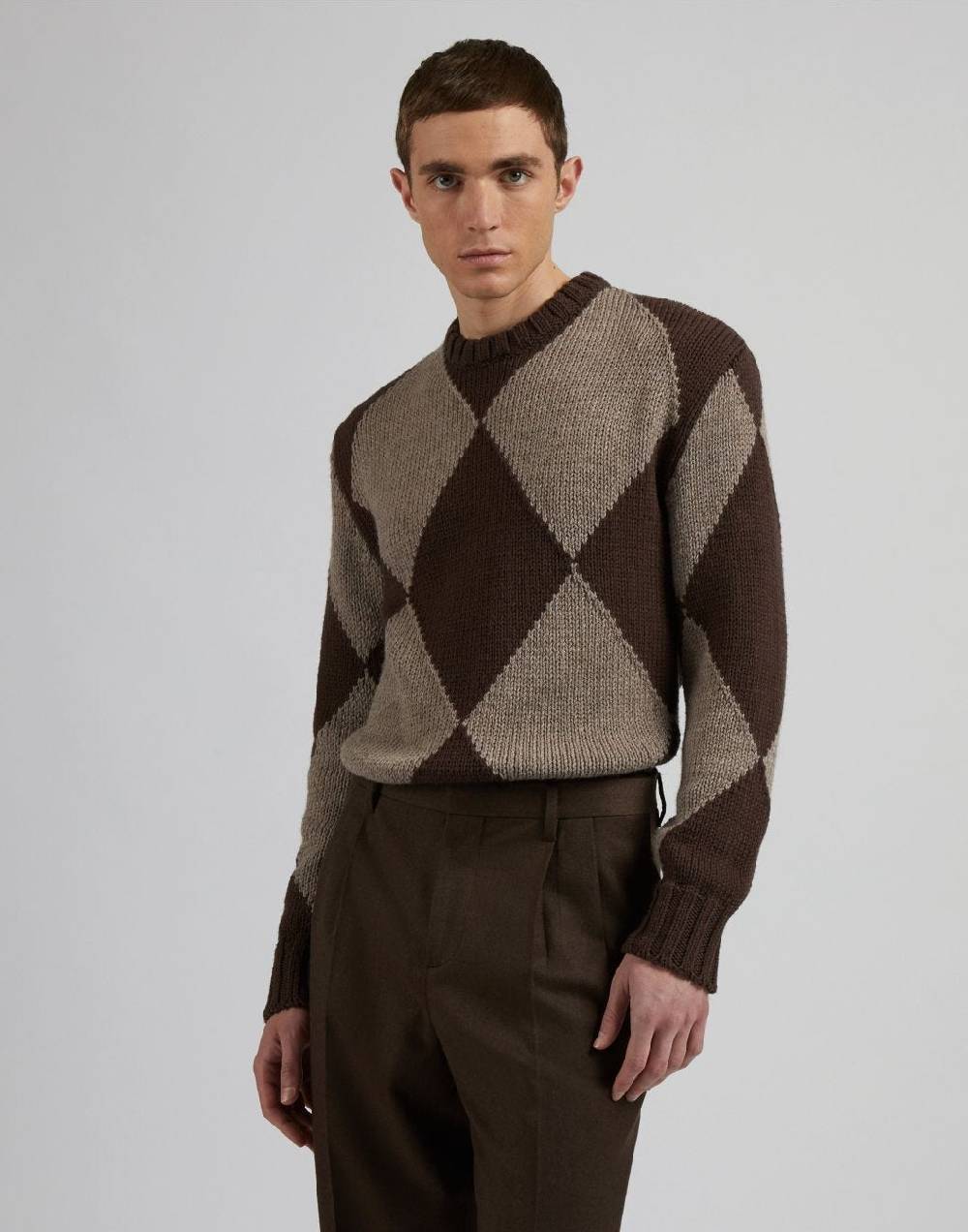 Lardini Maglia girocollo marrone con intarsio bicolore nocciola Vendita Calda