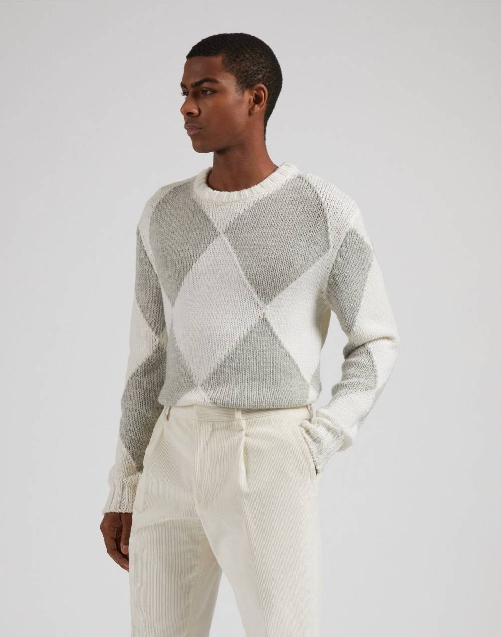 Lardini Maglia girocollo bianca con intarsio bicolore grigio Vendita Economica