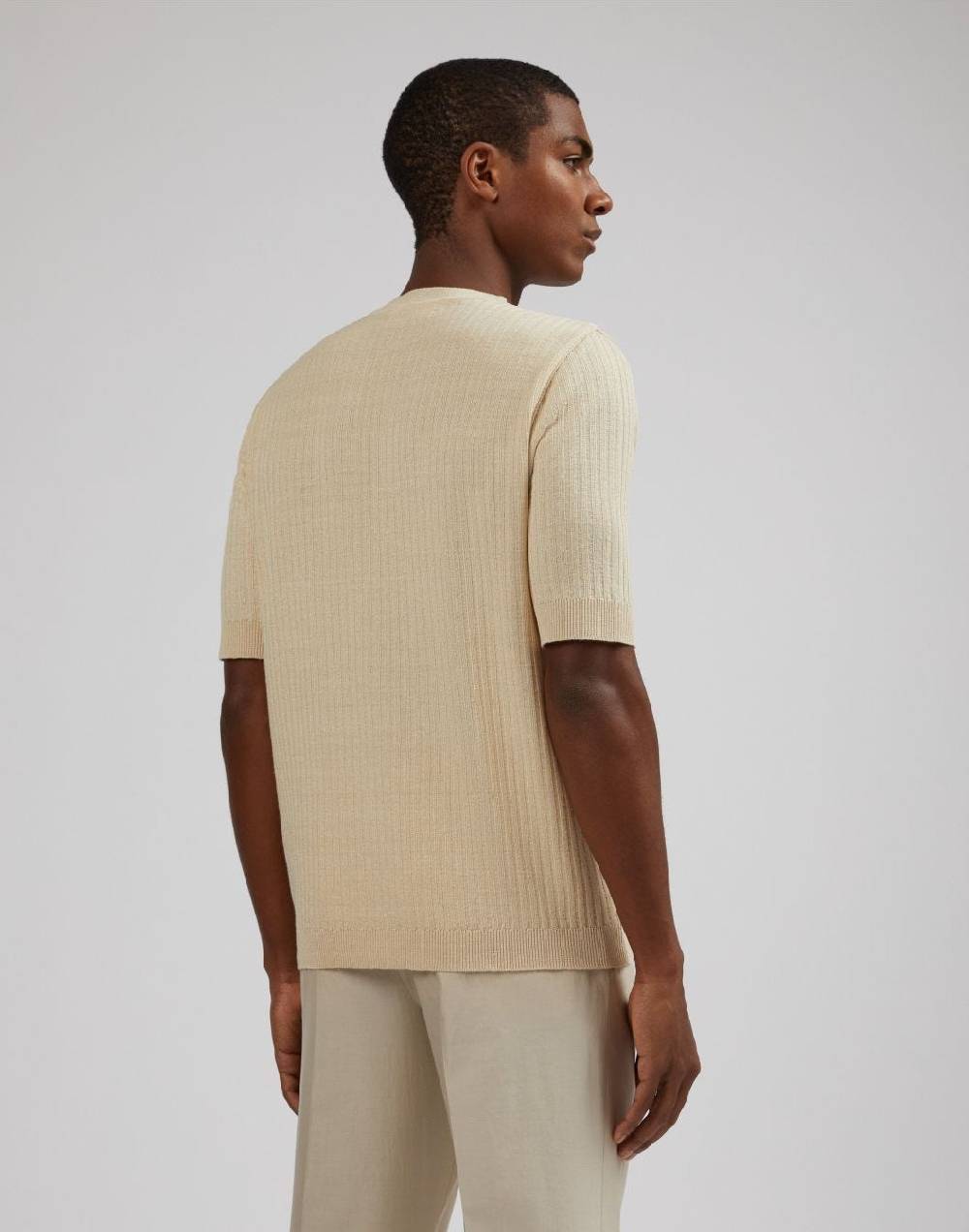 Lardini T-shirt panna in lino e cotone con lavorazione a coste Promozione Limitata