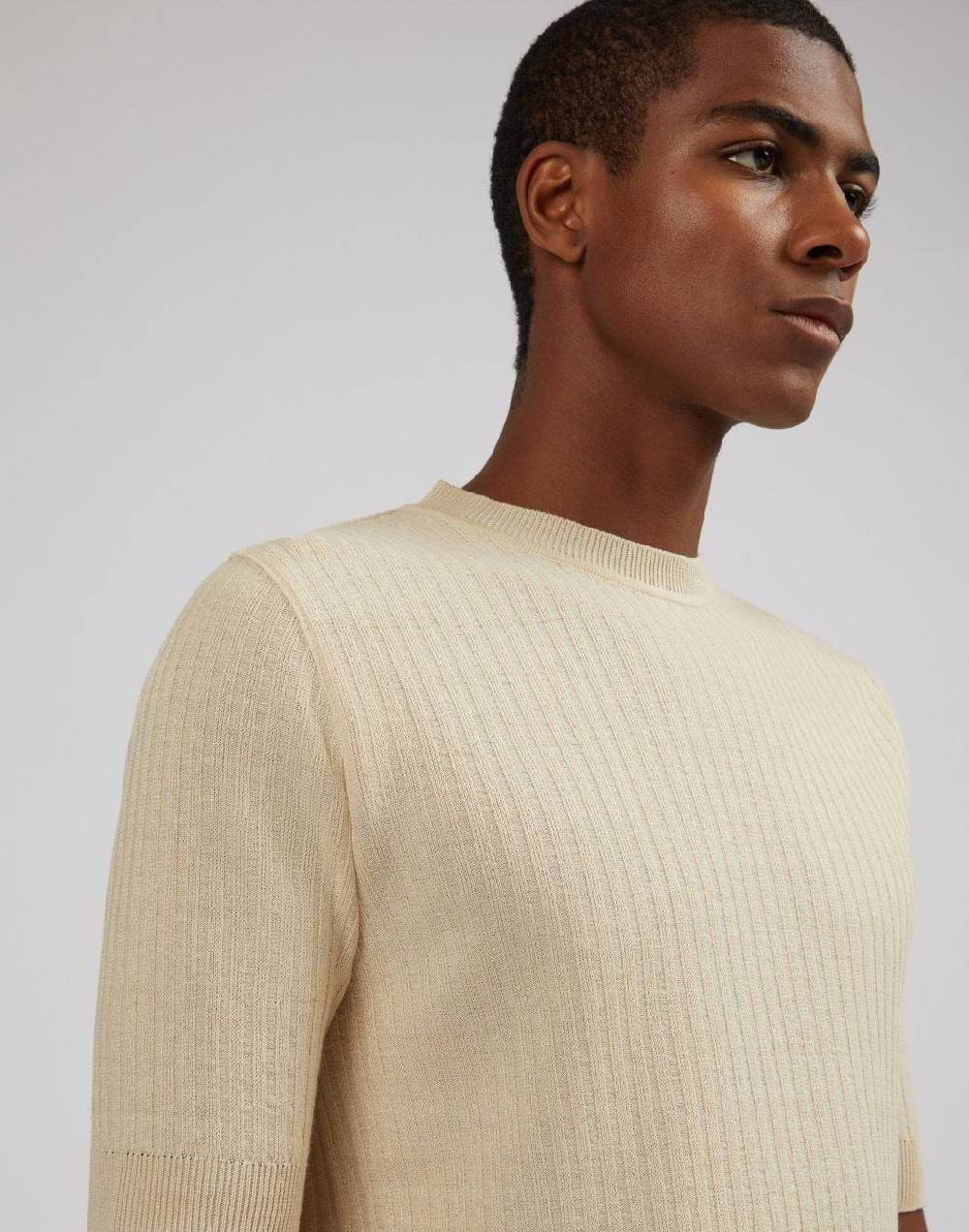 Lardini T-shirt panna in lino e cotone con lavorazione a coste Promozione Limitata
