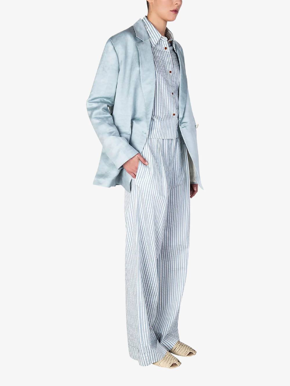 ALYSI Pantalone wide leg a righe 104121P4041 donna cotone azzurro Negozi Online