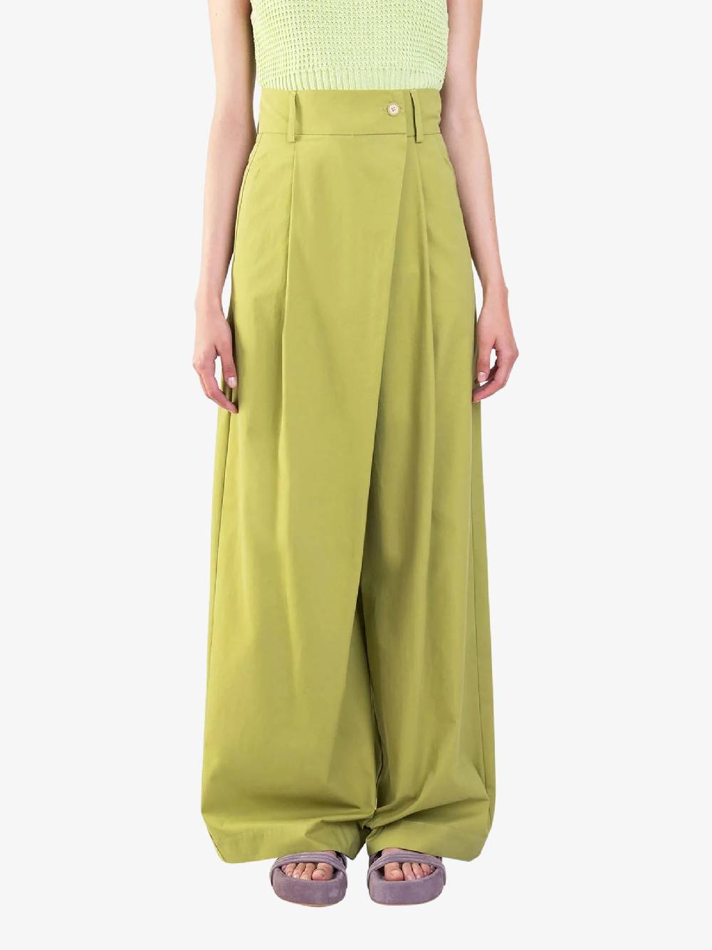 ALYSI Pantalone palazzo maxi piega 104109P4033 donna cotone verde Acquista Ora