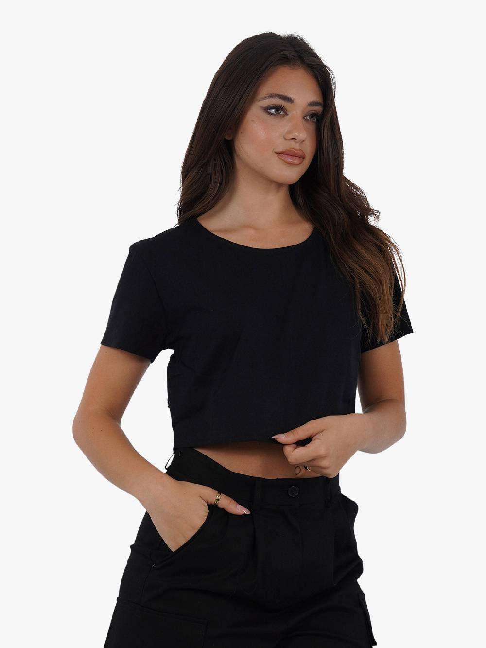 JIJIL T-shirt top cropped TS224 donna cotone nero Presa