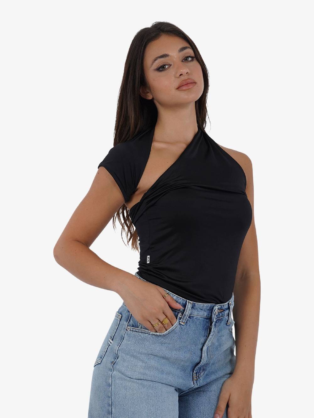 JIJIL T-shirt top monospalla asimmetrico TS217 donna nero Sconto