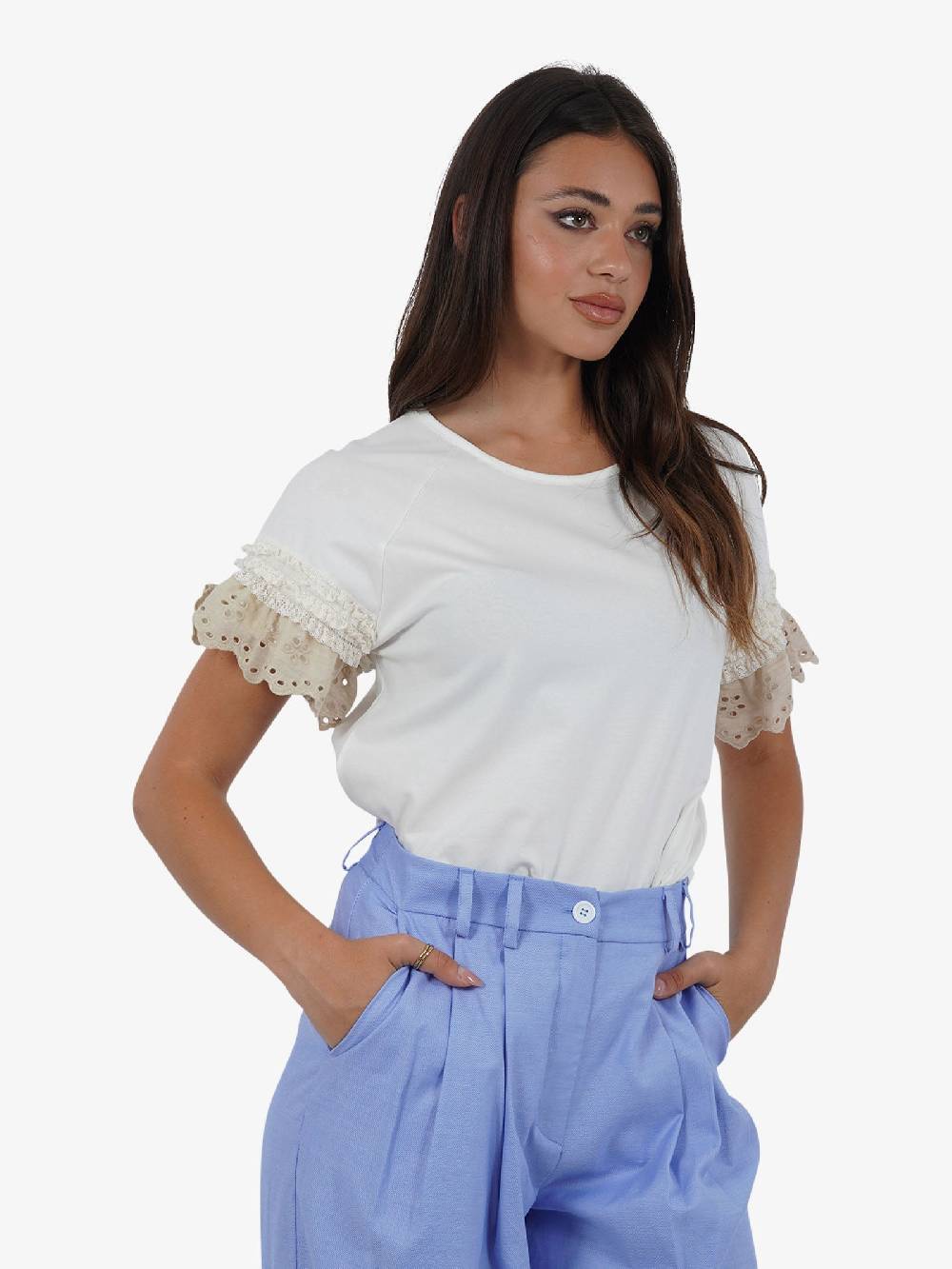 HAVE ONE T-shirt con manica ricamo TJA-L065 donna cotone bianco Online