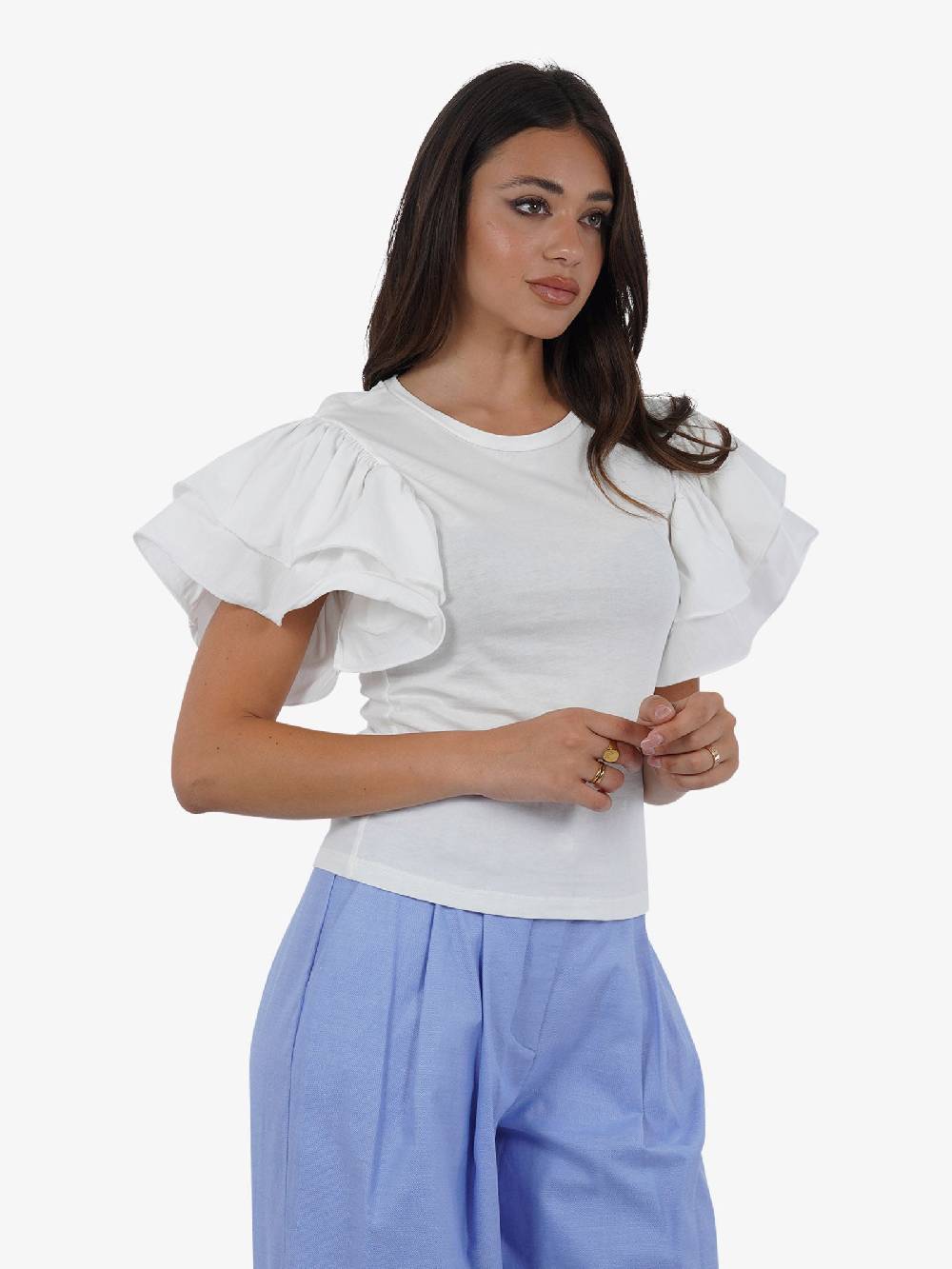 HAVE ONE T-shirt con volant TMI-L013 donna cotone bianco Outlet