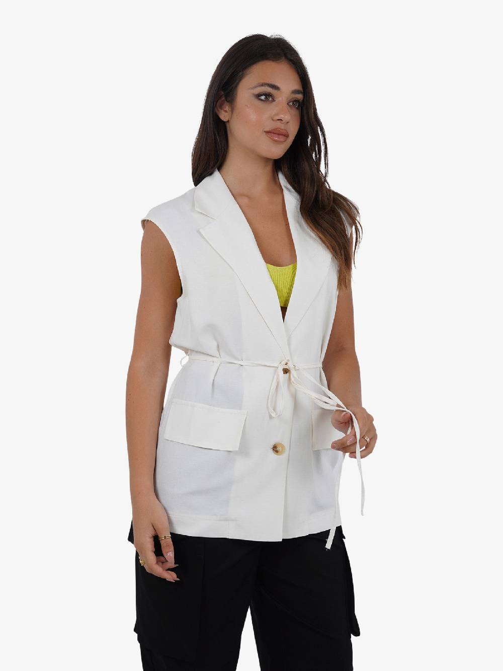 VICOLO Gilet lungo con laccio TB1545 donna viscosa bianco Nuovo