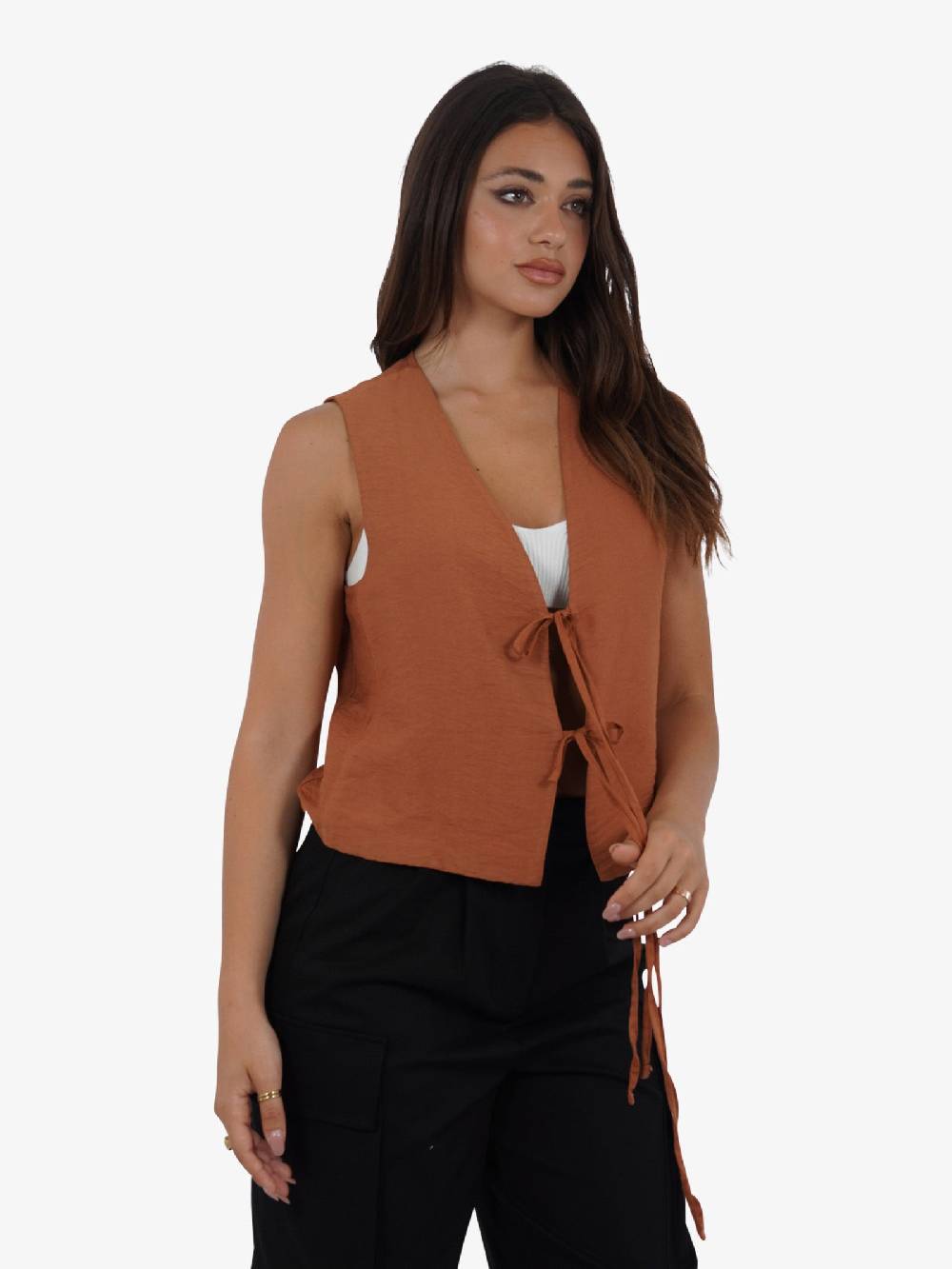 HAVE ONE Gilet con laccetti LVS-L038 donna viscosa marrone Pezzi Unici