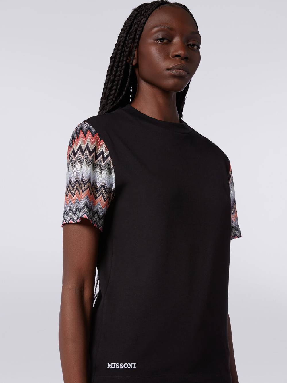 M Missoni T-shirt girocollo in cotone con inserti zig zag Vendita Calda