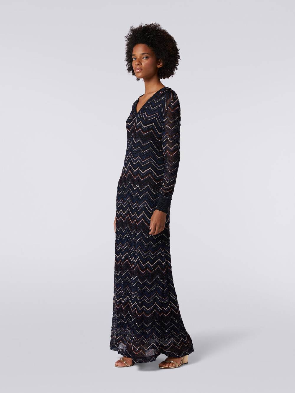 M Missoni Abito lungo in maglia zig zag con scollatura a V e lurex 2025
