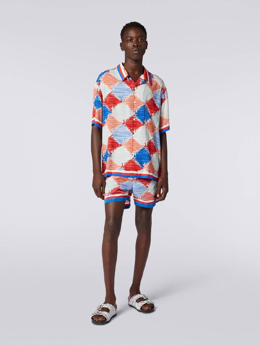 M Missoni Camicia a maniche corte in viscosa a losanghe con scritta logo