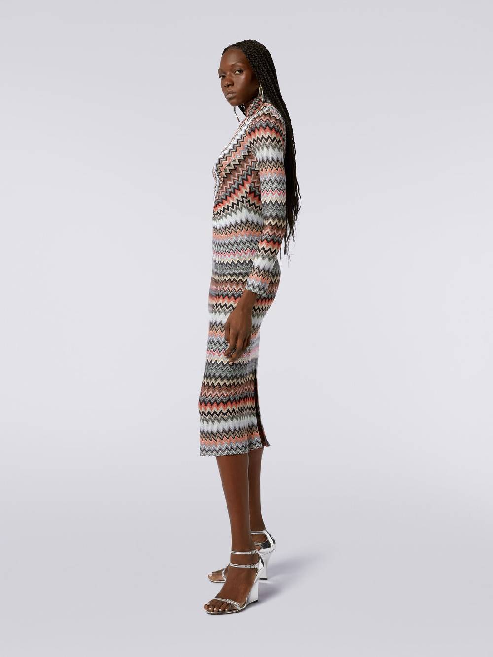 M Missoni Abito lungo con collo alto in cotone e viscosa zig zag con arricciature Shopping Online