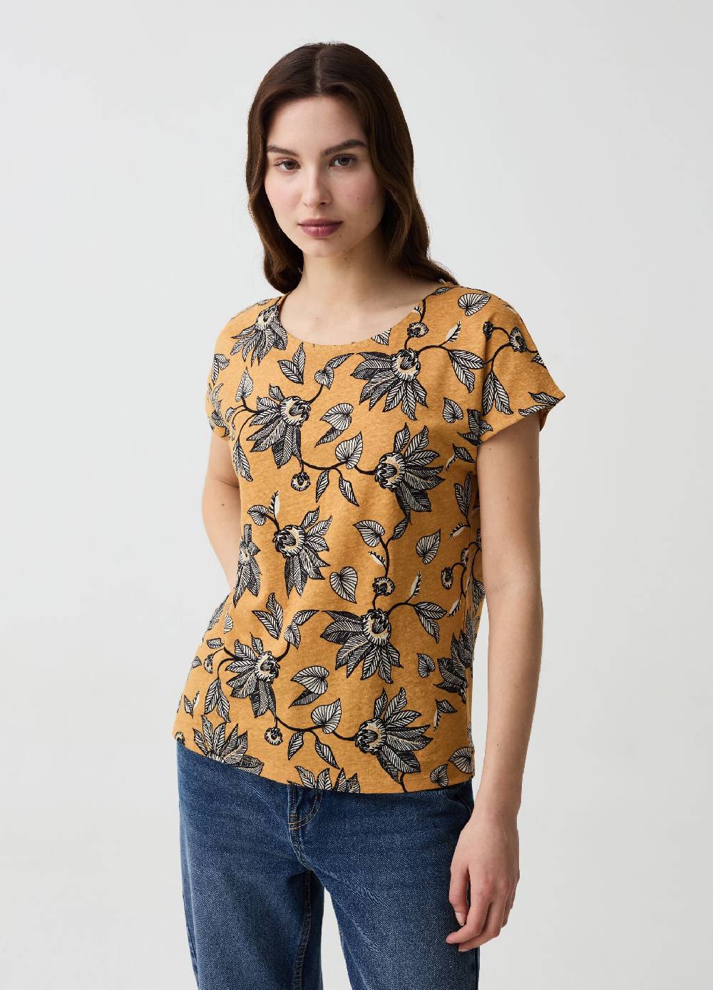 Ovs T-shirt in lino e cotone con stampa floreale