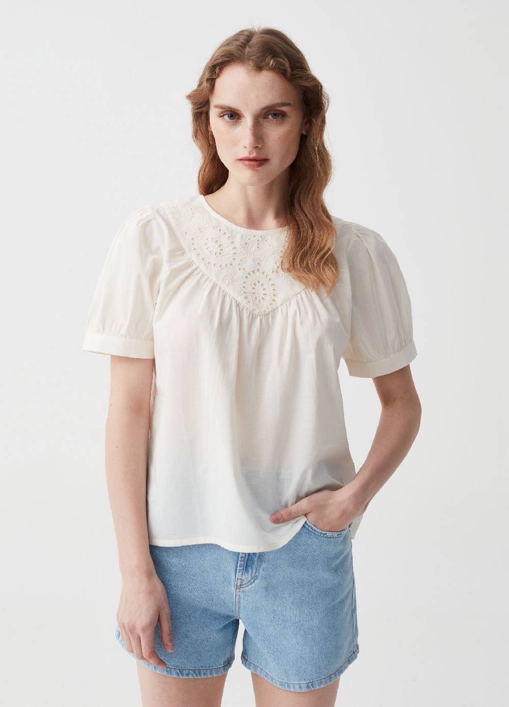 Ovs Blusa in cotone con inserto in sangallo Moda