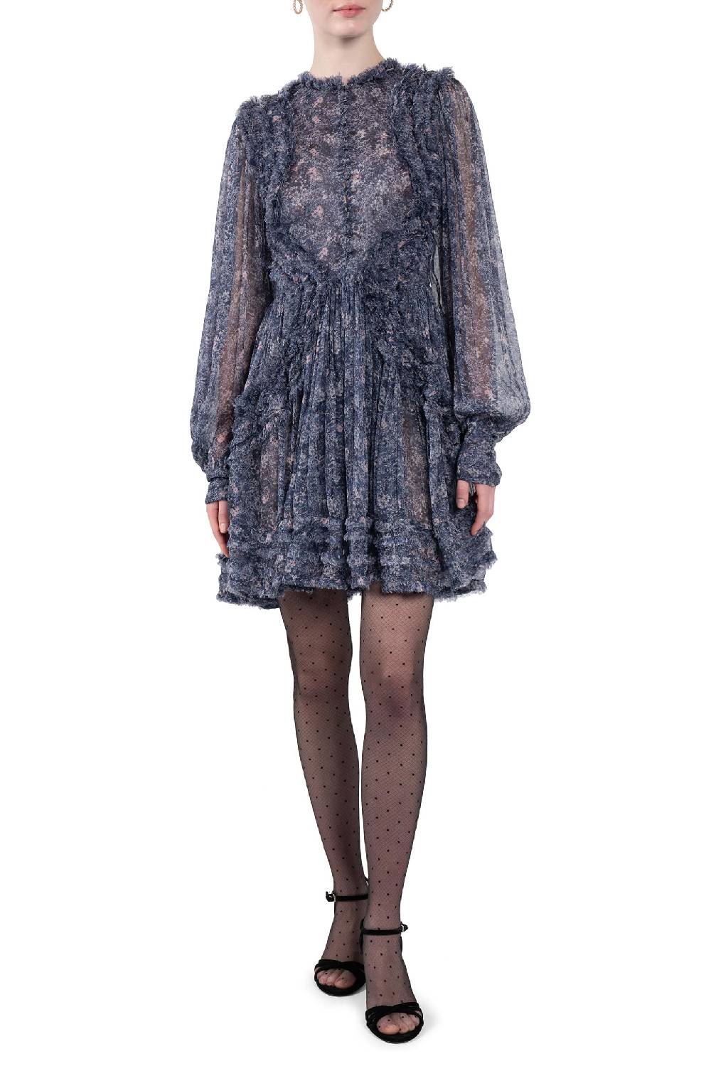 Luisa Beccaria Abito corto in chiffon con frange e micro fiori Qualità Garantita