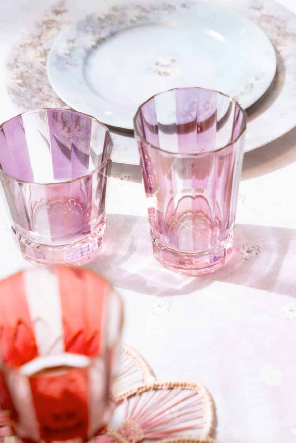 Luisa Beccaria Set viola a righe di due bicchieri Duccio piccoli con base rosa In Vendita