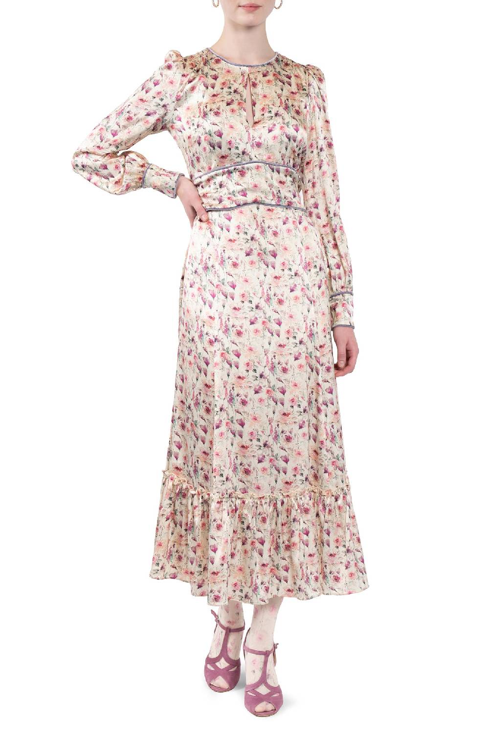Luisa Beccaria Abito in raso stampato crema con rose selvatiche Vendita