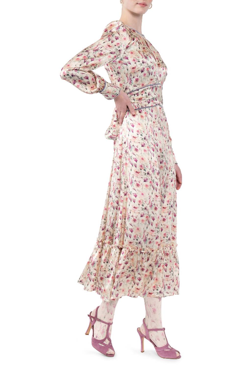 Luisa Beccaria Abito in raso stampato crema con rose selvatiche Vendita