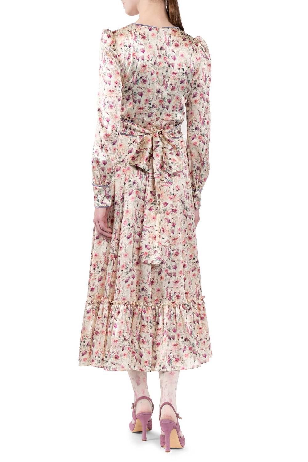 Luisa Beccaria Abito in raso stampato crema con rose selvatiche Vendita