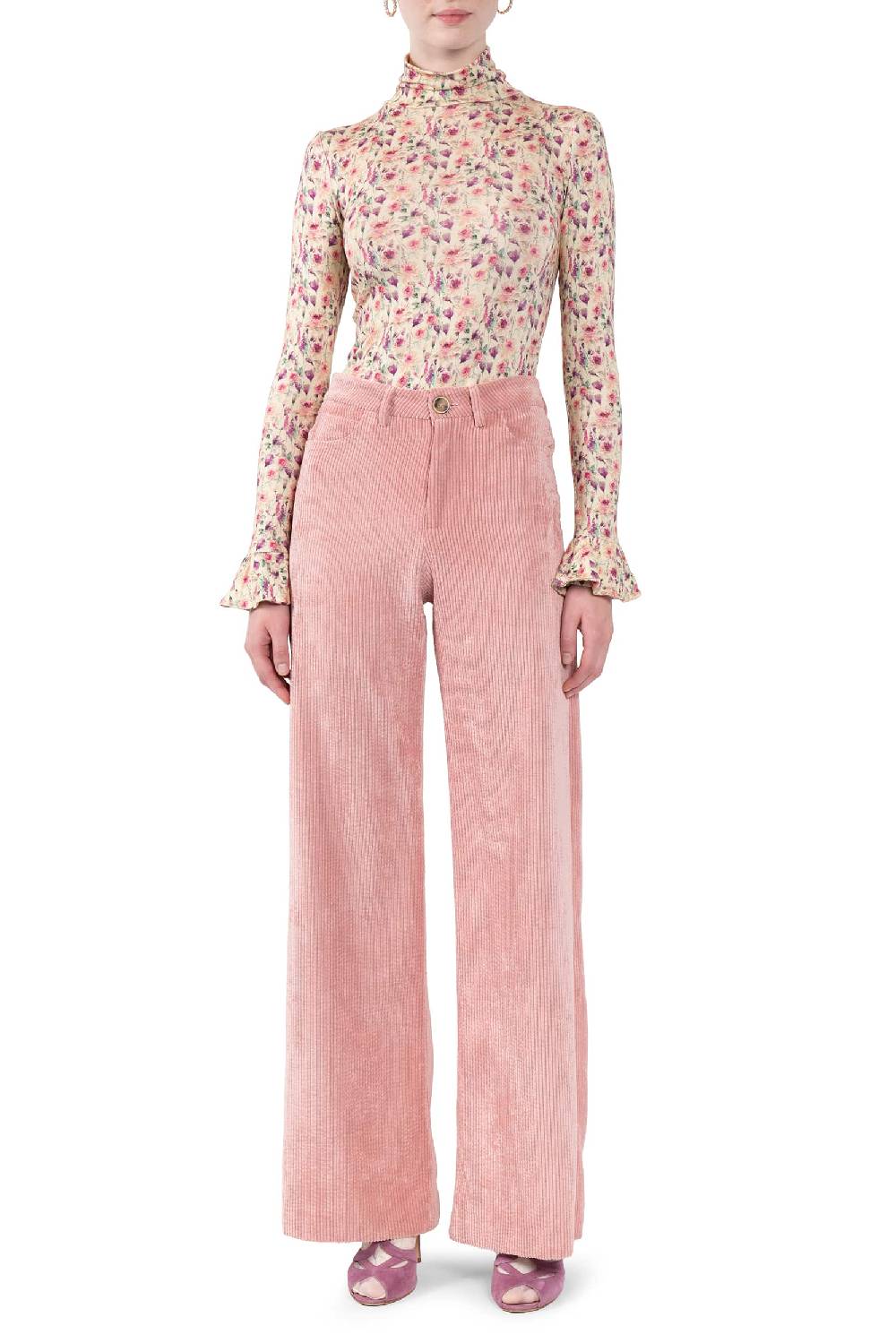 Luisa Beccaria Pantaloni palazzo in velluto a coste rosa Spedizione Gratuita