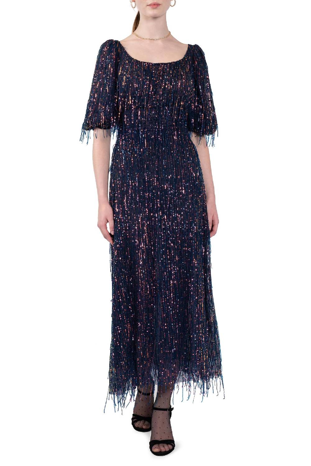 Luisa Beccaria Abito in paillettes con scollatura ampia e frange Soddisfazione Garantita