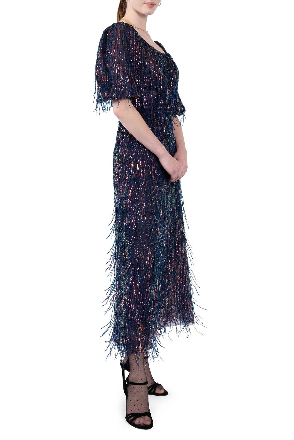 Luisa Beccaria Abito in paillettes con scollatura ampia e frange Soddisfazione Garantita