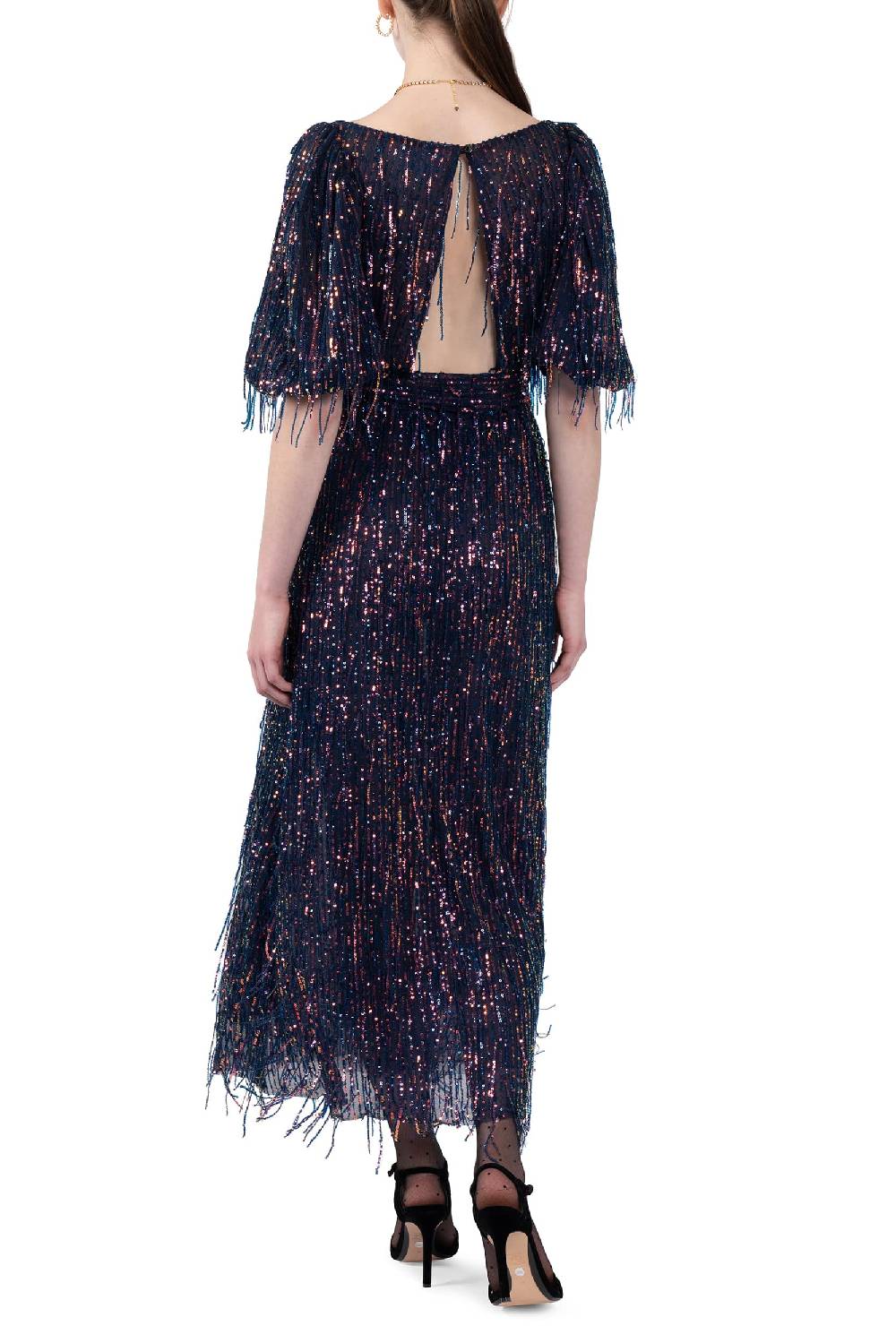 Luisa Beccaria Abito in paillettes con scollatura ampia e frange Soddisfazione Garantita