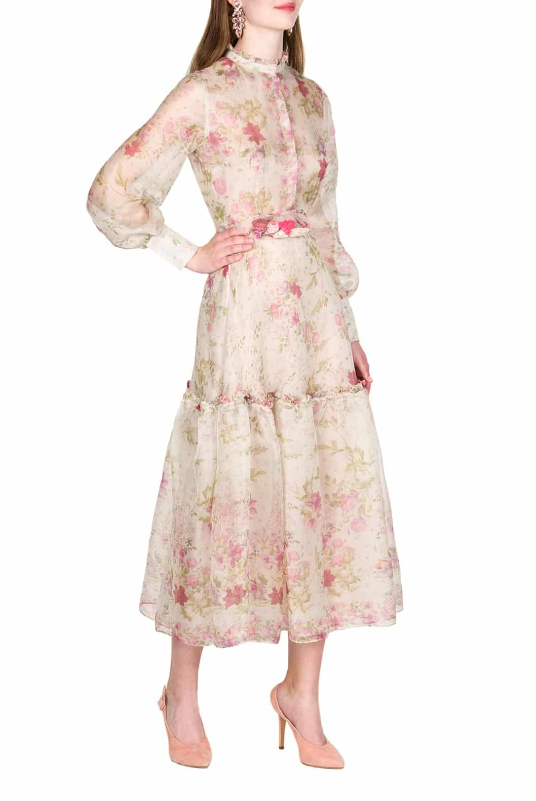 Luisa Beccaria Abito in organza di seta stampata color crema Offerte