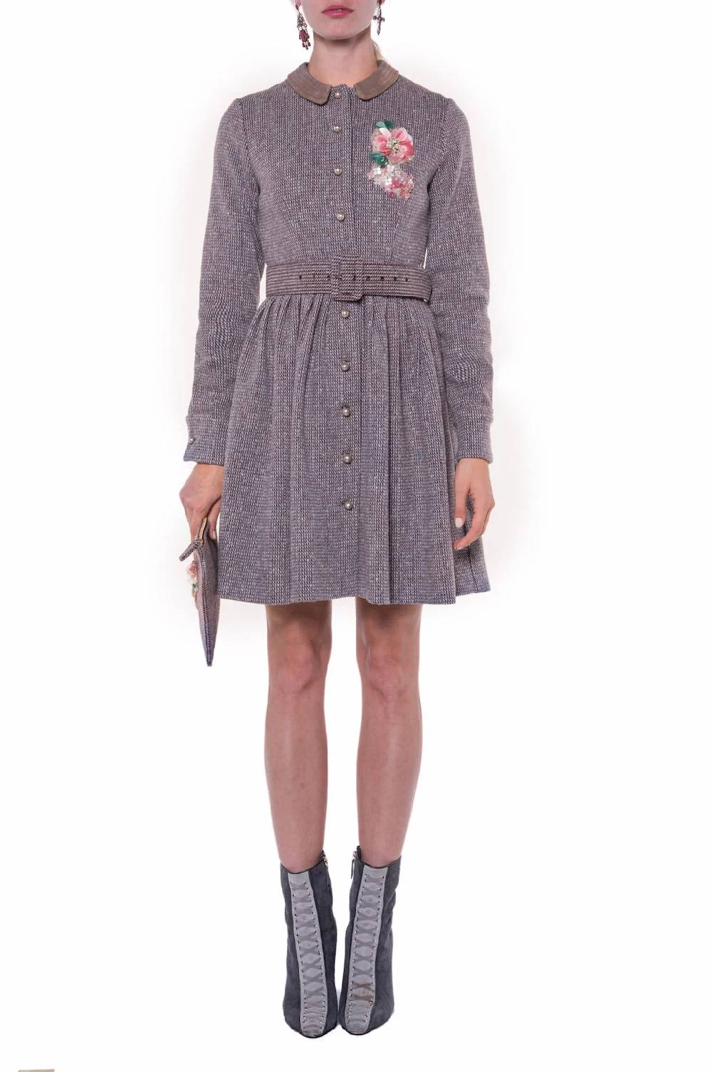Luisa Beccaria Abito A Maniche Lunghe In Tweed Con Ricamo Spedizione Gratuita