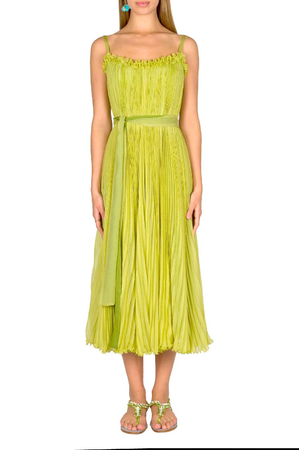 Luisa Beccaria Abito plissettato verde lime con fascia Sconto