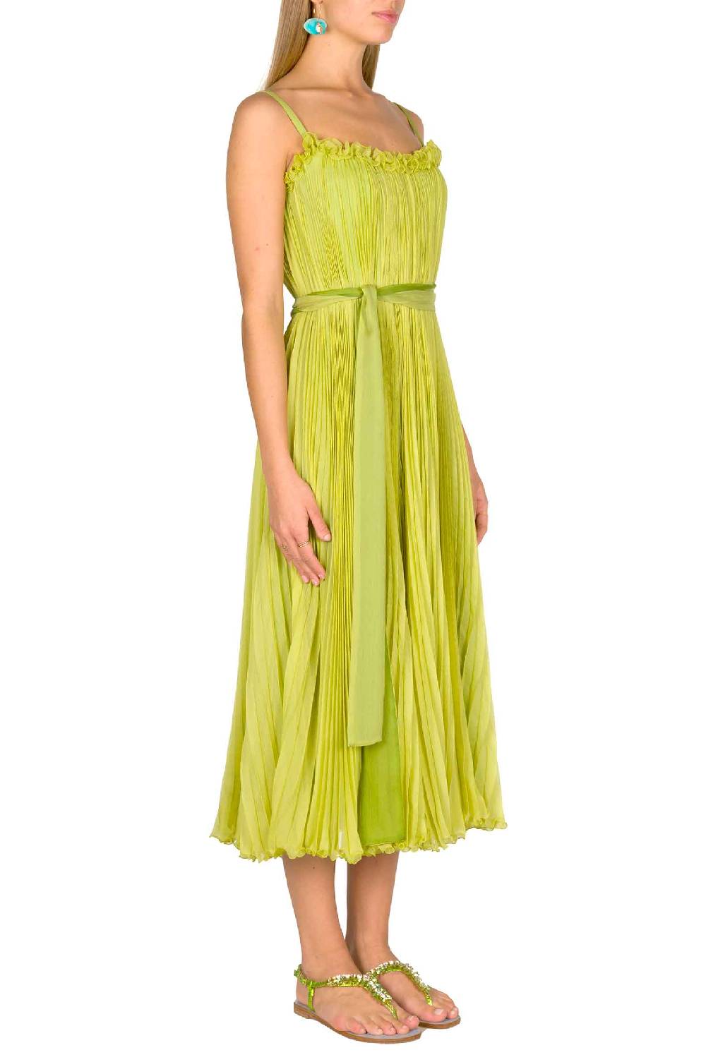 Luisa Beccaria Abito plissettato verde lime con fascia Sconto