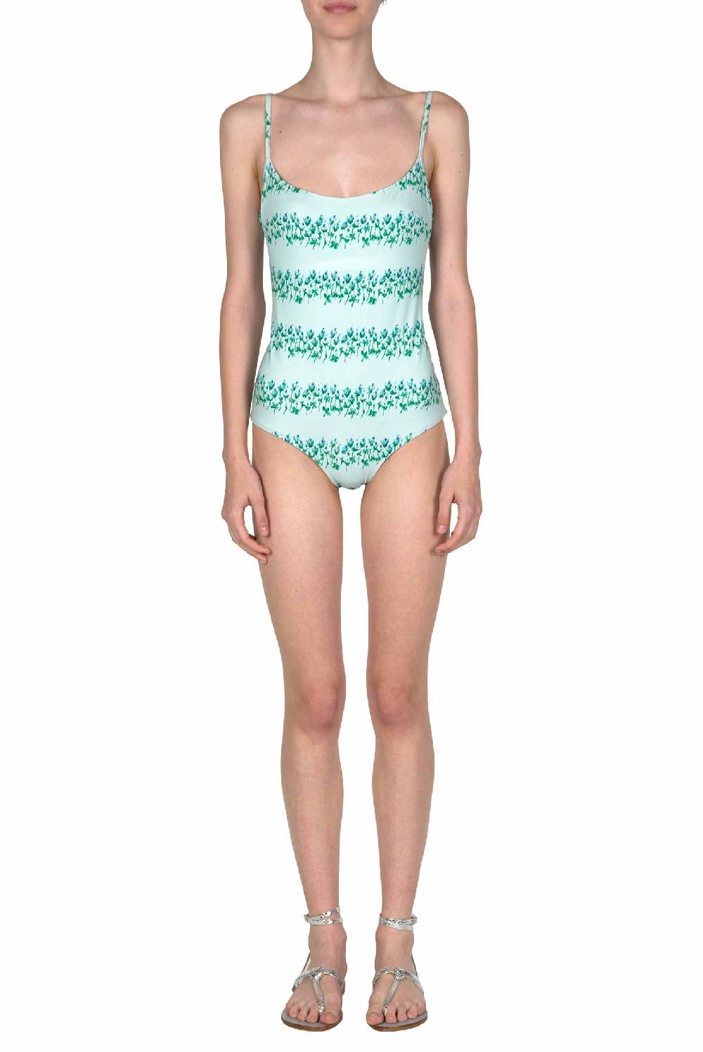 Luisa Beccaria Costume Intero Blu Righe Fiorite Presa