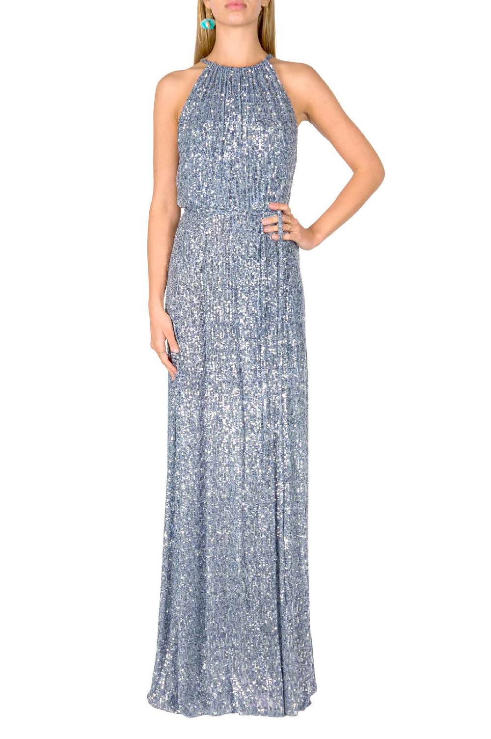 Luisa Beccaria Abito blu con paillettes a fessura alta Outlet