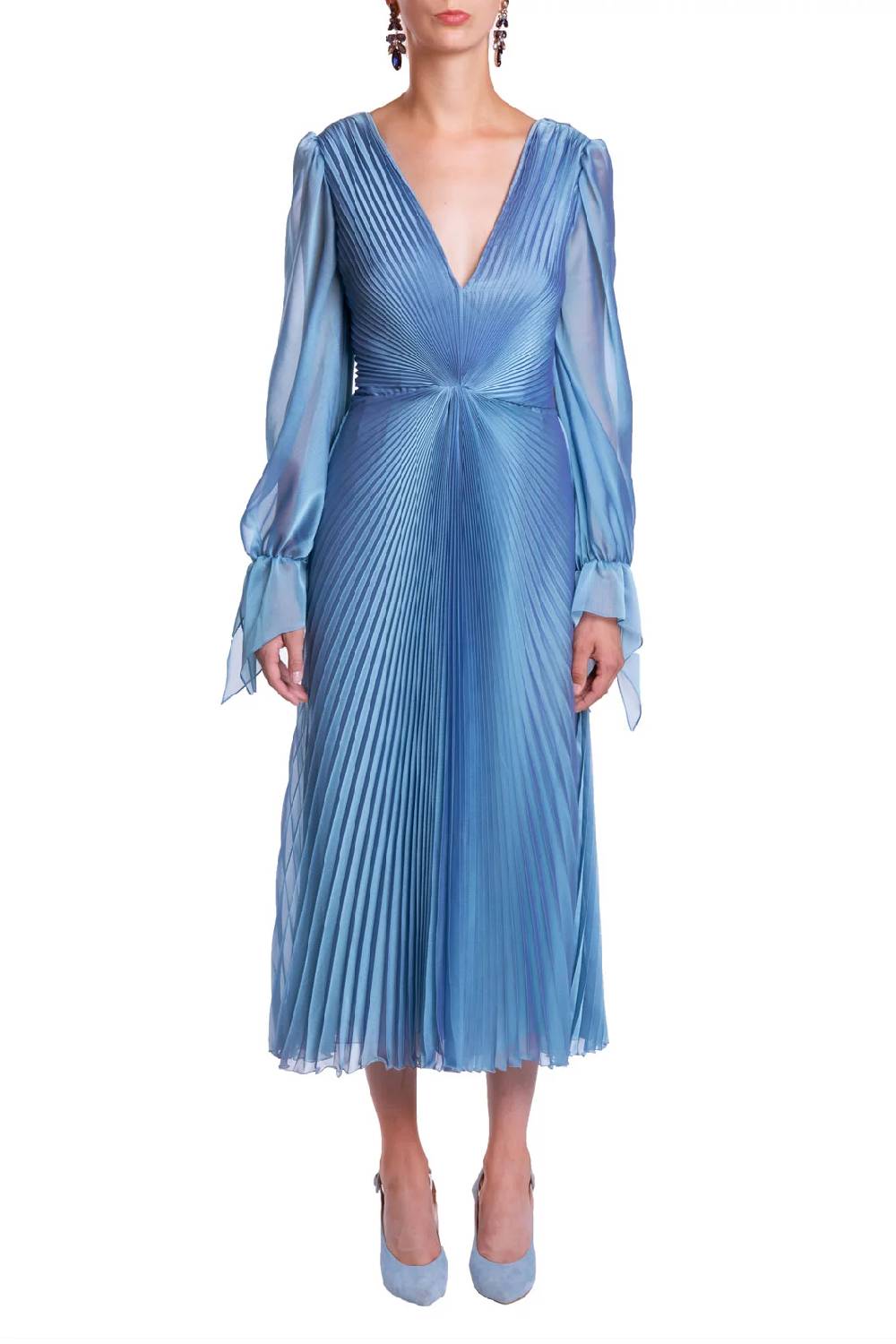 Luisa Beccaria Abito longuette iridescente in chiffon plissettato Spedizione Gratuita