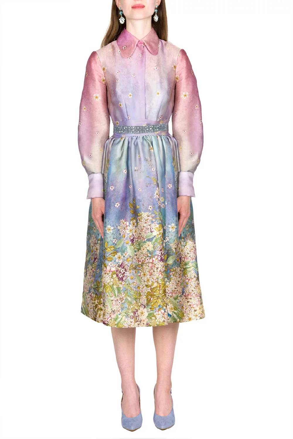 Luisa Beccaria Abito con fiocco in organza di seta con stampa floreale In Vendita