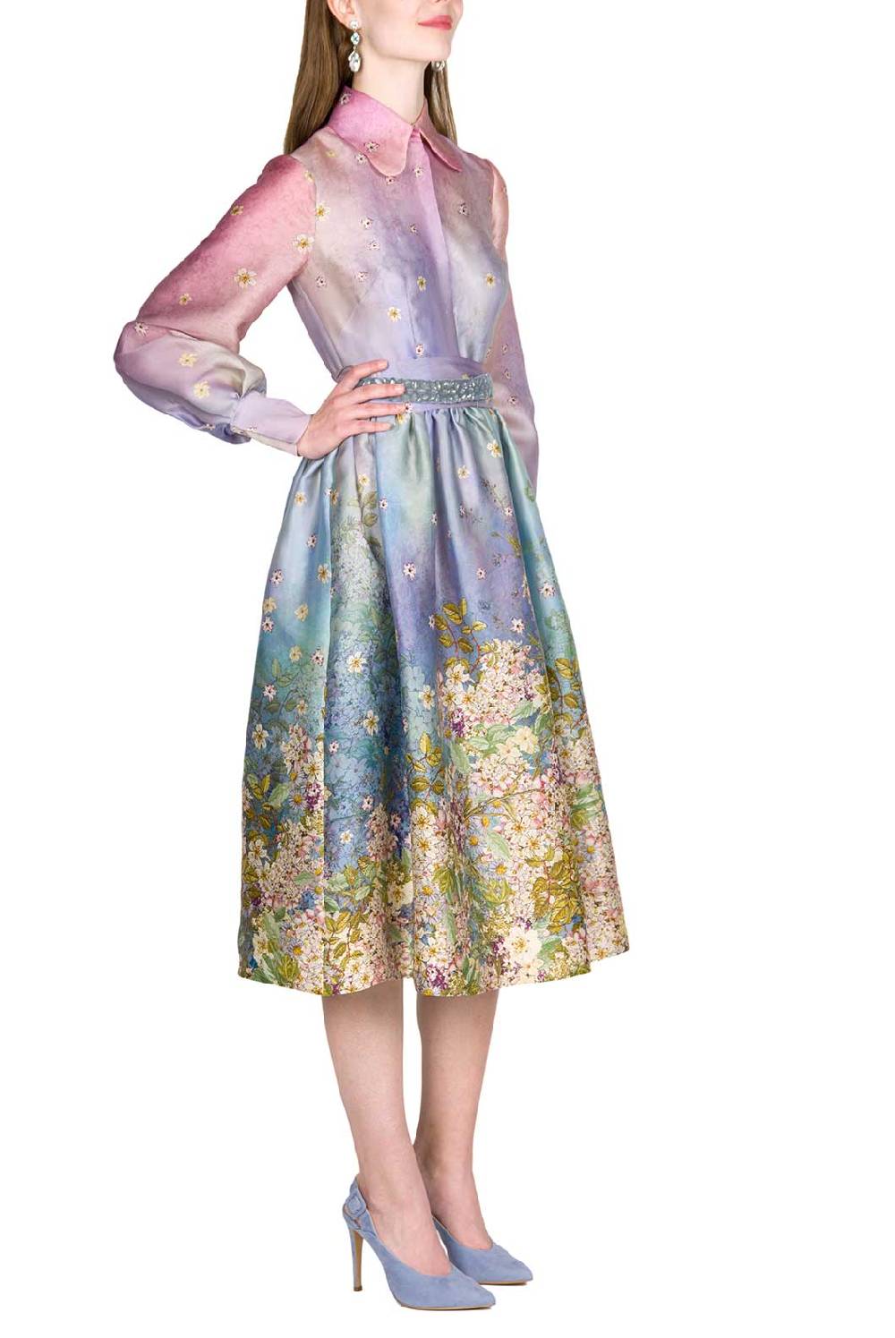 Luisa Beccaria Abito con fiocco in organza di seta con stampa floreale In Vendita