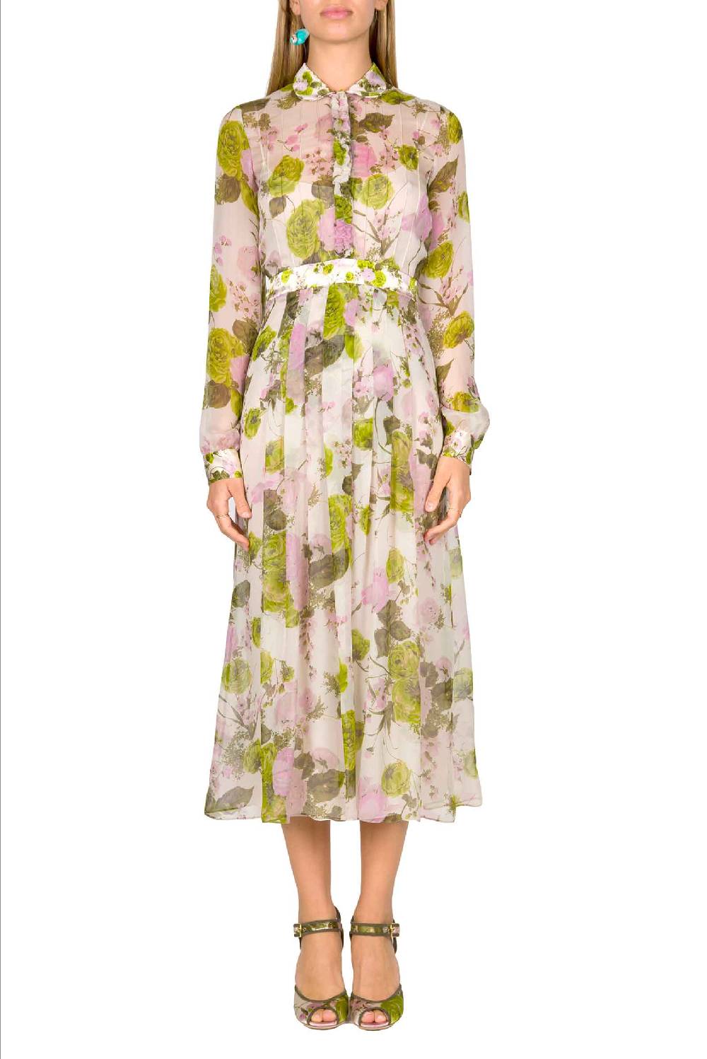 Luisa Beccaria Abito midi in chiffon stampato con rose in fiore Saldi Di Fabbrica