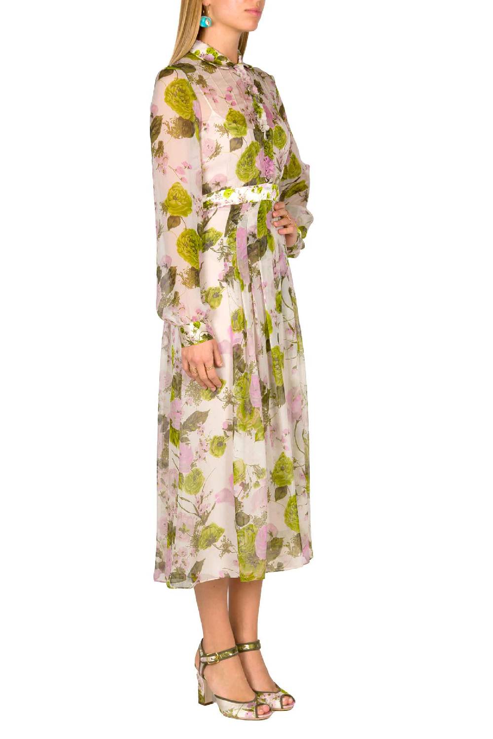 Luisa Beccaria Abito midi in chiffon stampato con rose in fiore Saldi Di Fabbrica