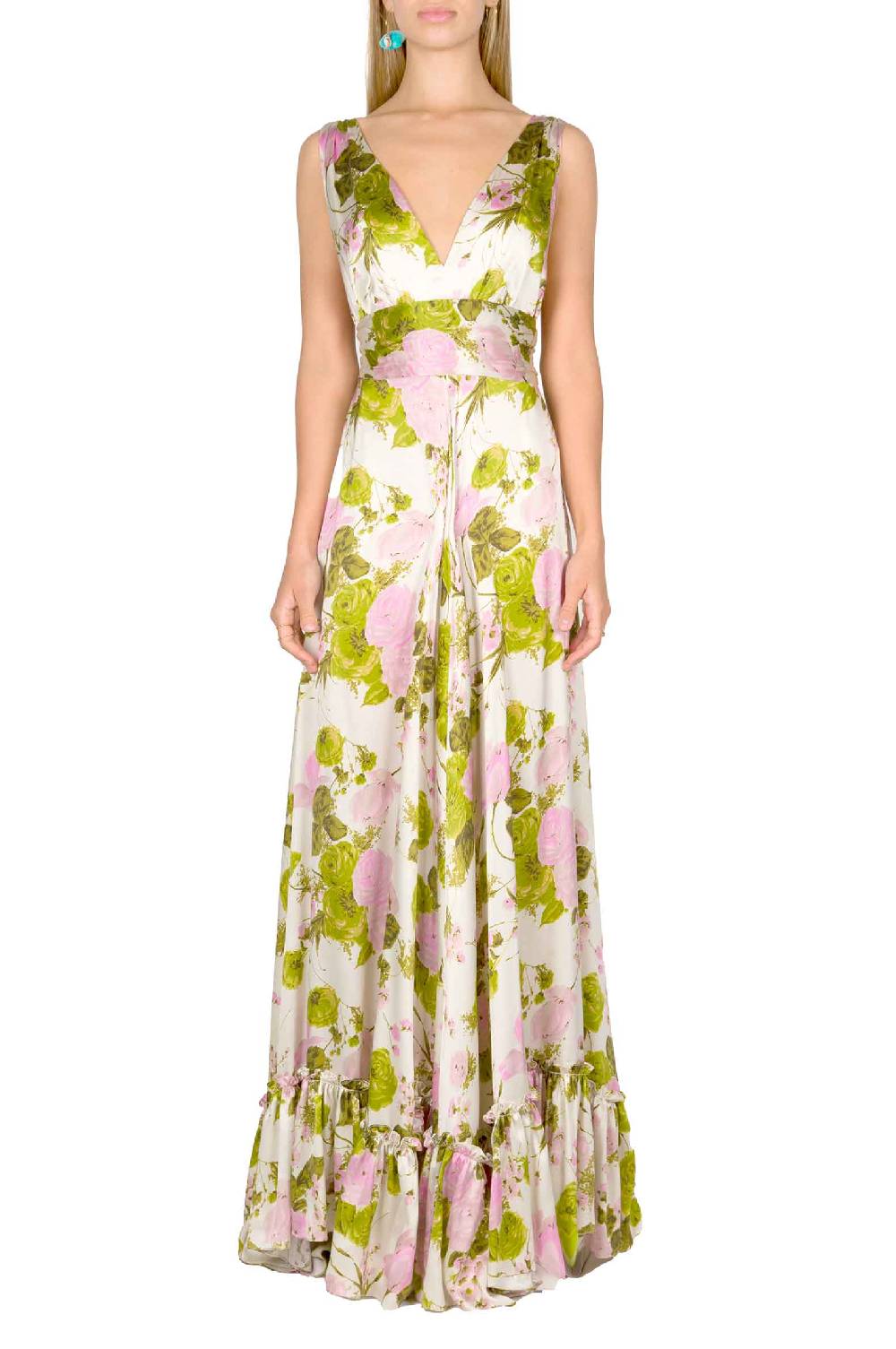 Luisa Beccaria Abito Lungo In Seta Blooming Roses Con Scollo A V Sottocosto
