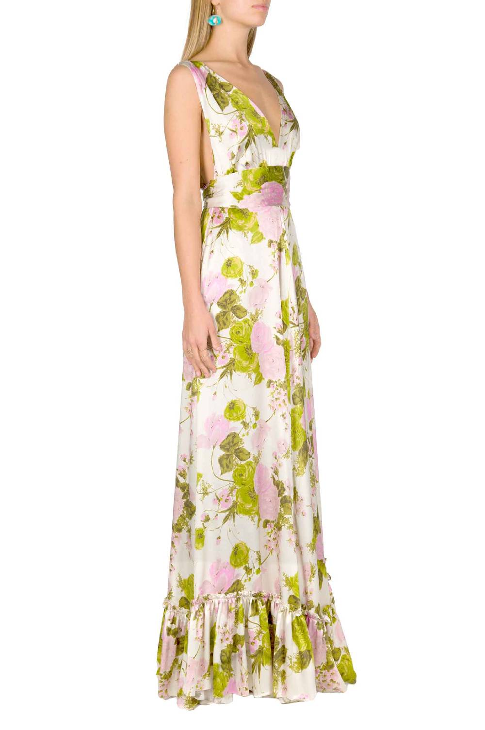 Luisa Beccaria Abito Lungo In Seta Blooming Roses Con Scollo A V Sottocosto