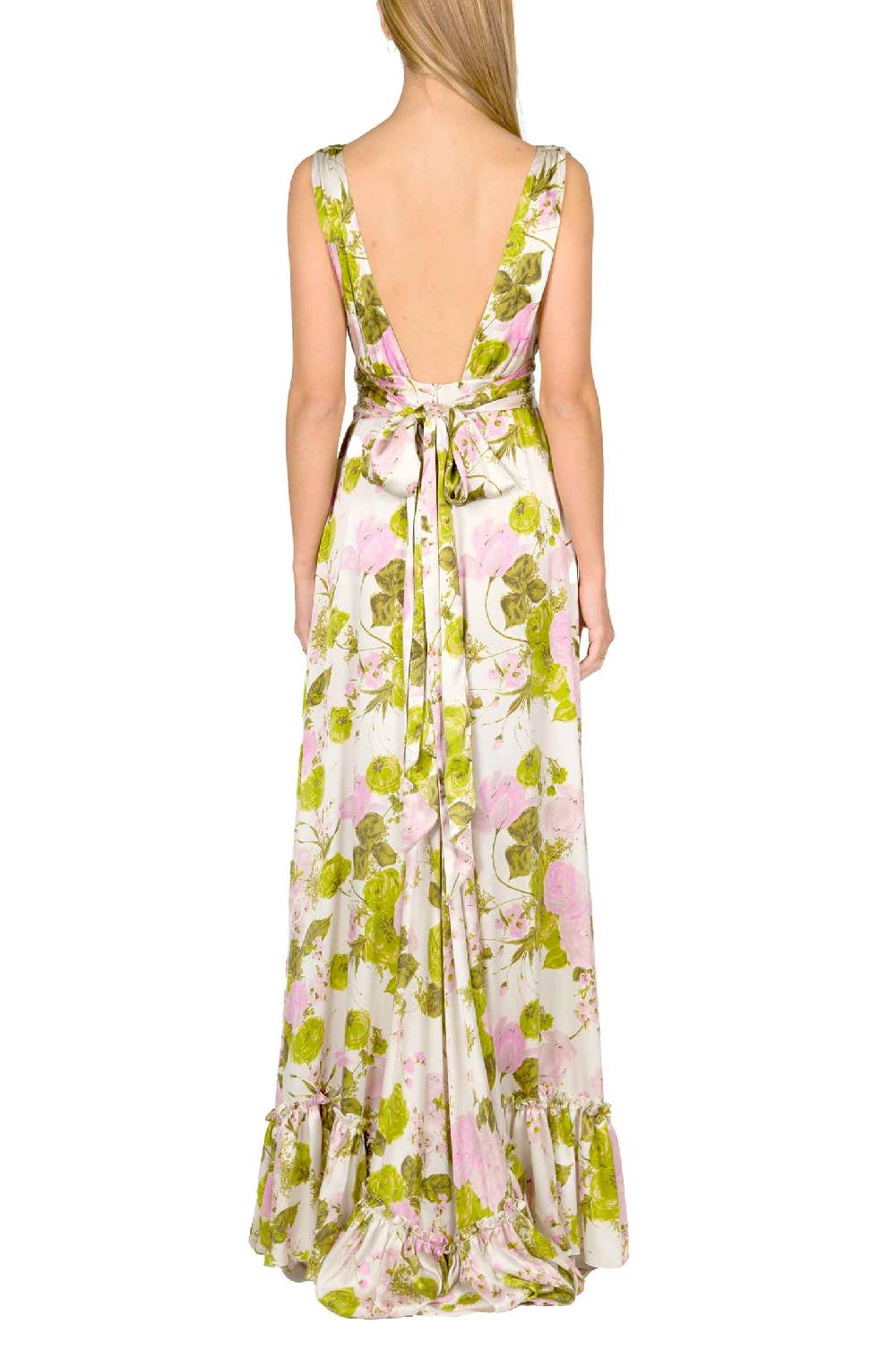 Luisa Beccaria Abito Lungo In Seta Blooming Roses Con Scollo A V Sottocosto