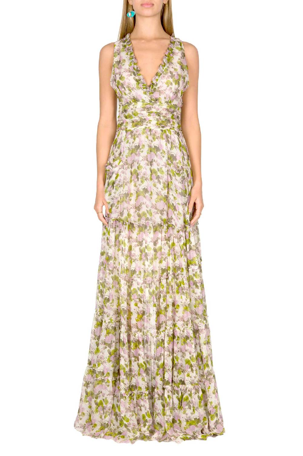 Luisa Beccaria Abito lungo in chiffon increspato con rose in fiore Offerta