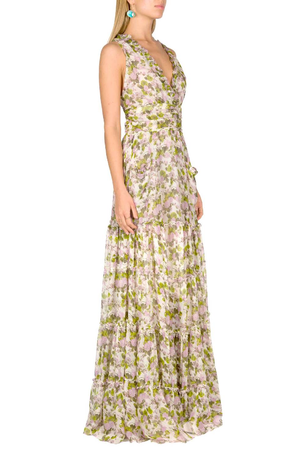Luisa Beccaria Abito lungo in chiffon increspato con rose in fiore Offerta